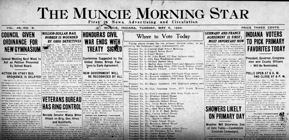 Front page of the Muncie Morning Star 100 years ago today, Tuesday, May 6, 1924.