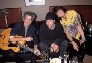 <p>Brad hangs with Keith Richards and Ronnie Wood backstage at the Rolling Stones concert in Los Angeles. </p>