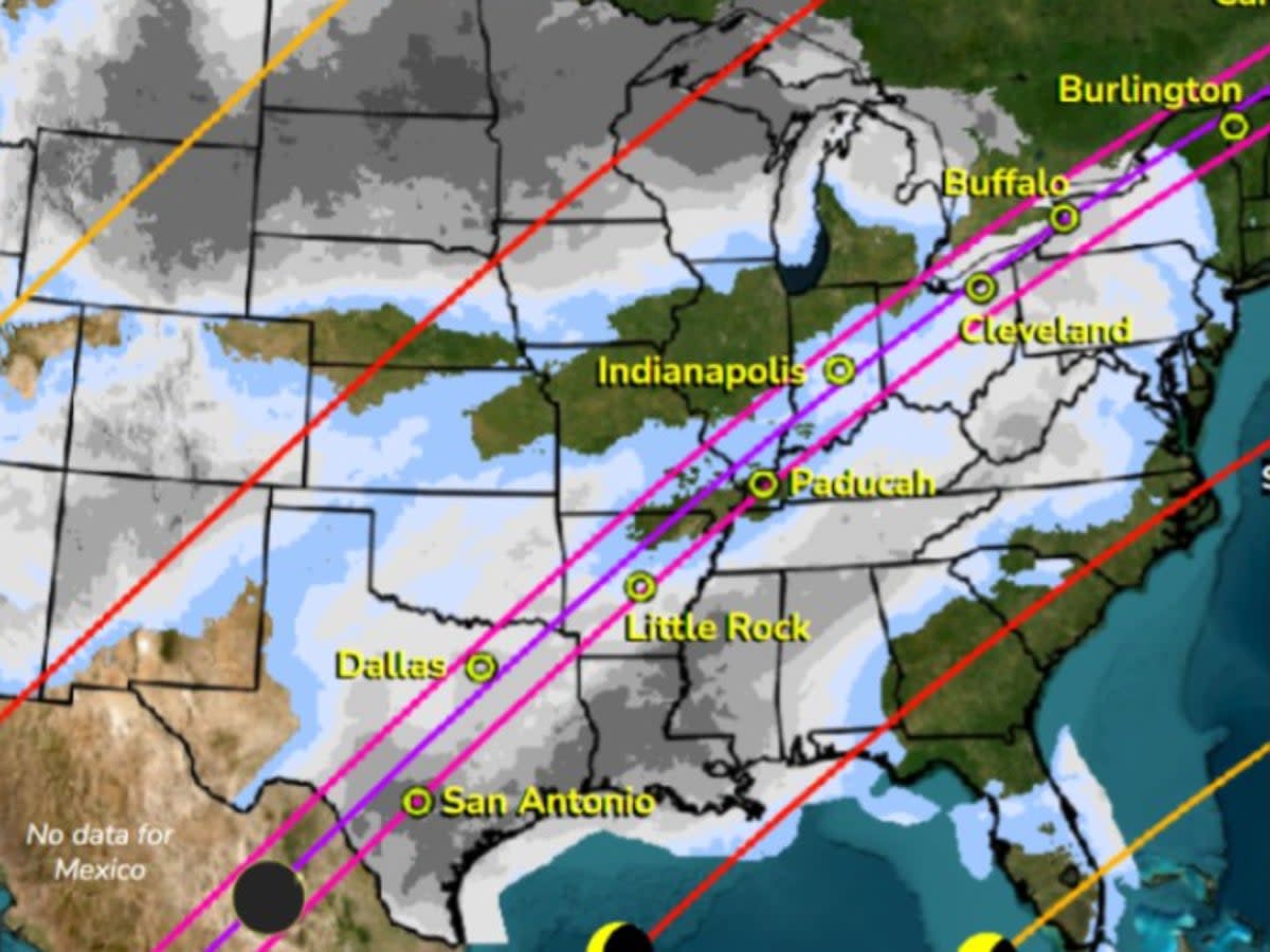 Cloudy outlook: eclipse weather map showing areas of cloud in white, grey and light blue (National Oceanic and Atmospheric Administration)