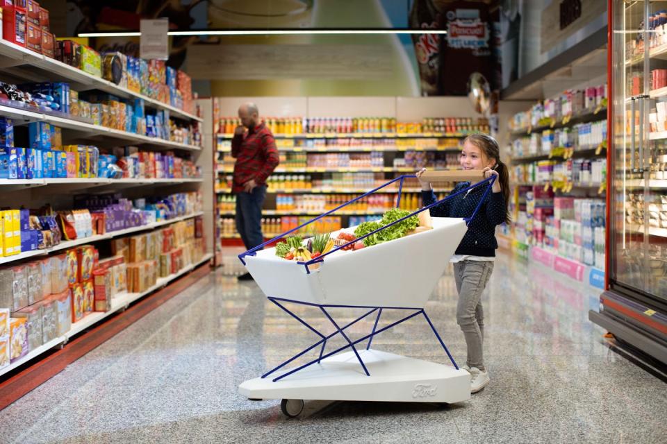 The trolley uses self-braking tech to prevent supermarket accidents (Ford)