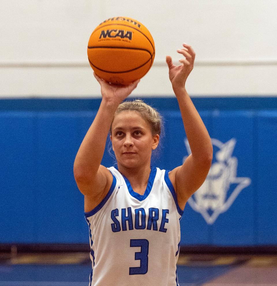 Shore Rylee Drahos drains several foul shots to put the nail in for coffin as shore beats previously unbeaten Ocean Two.  Shore Regional Girls Basketball defeats Ocean Top High School  in West Long Branch on January 12, 2023.