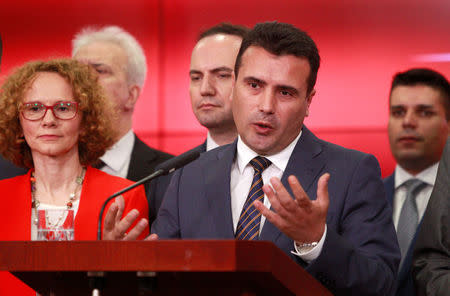 Macedonian Prime Minister Zoran Zaev addresses the media at the government offices in Skopje, Macedonia June 12, 2018. REUTERS/Ognen Teofilovski