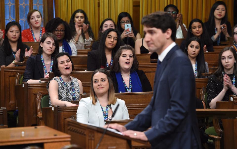 Prime Minister Justin Trudeau answers questions at a Daughters of the Vote event at the House of Commons in Parliament Hill. (<em>Photo: The Canadian Press)</em>