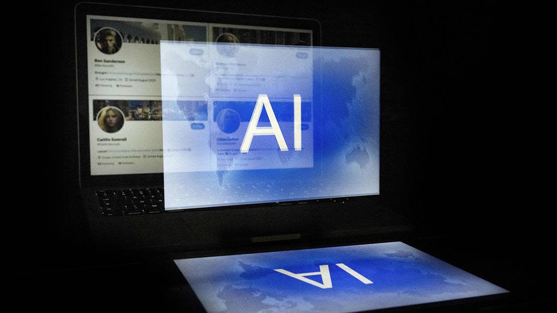 This illustration photograph taken in June 2023 shows an AI (Artificial Intelligence) logo. OLIVIER MORIN/AFP via Getty Images