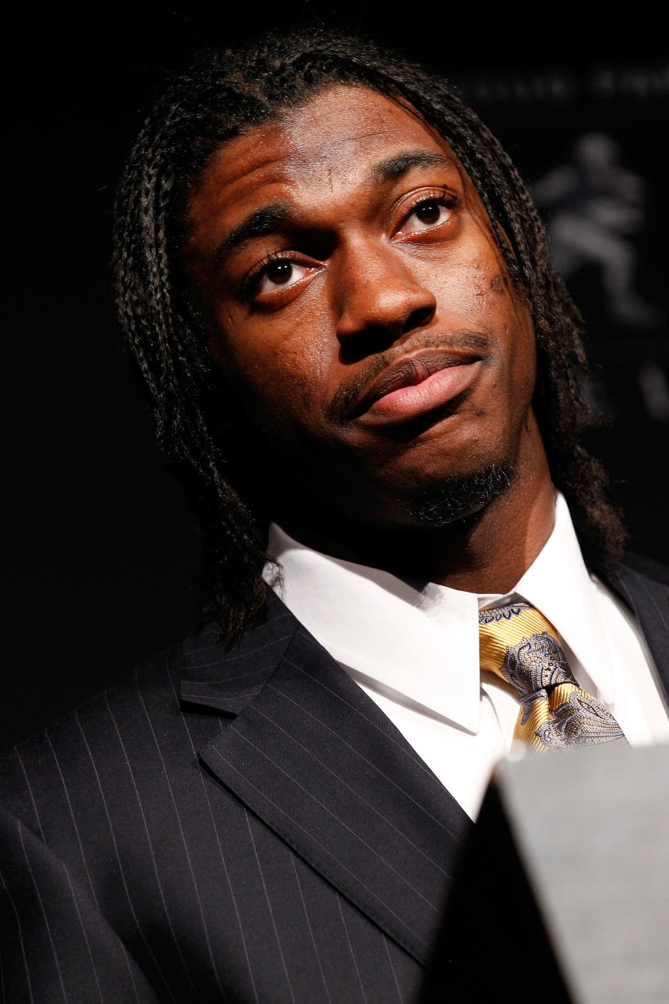 NEW YORK, NY - DECEMBER 10: Heisman Memorial Trophy Award winner Robert Griffin III of the Baylor Bears speaks at a press conference at The New York Marriott Marquis on December 10, 2011 in New York City. (Photo by Jeff Zelevansky/Getty Images)