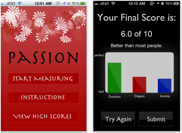 Passion: Wie gut sind Sie beim Sex? Die App „Passion“ will endlich die ultimative Antwort darauf geben. Dafür nimmt die App die Geräusche während des Akts auf und bewertet danach die Kategorien Ausdauer, Orgasmus und Aktivität. Wie sie das genau macht bleibt ihr Geheimnis. Immerhin bekommt der Kunde danach eine Punktebewertung von 0 bis 10 präsentiert und kann diese sogar online mit anderen Nutzern der App vergleichen. (Bild: Screenshot)
