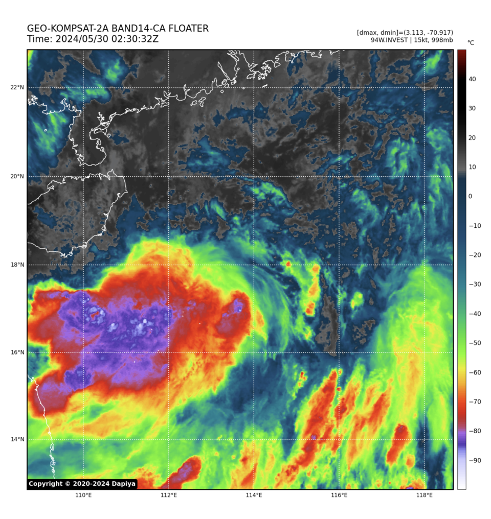 韓國氣象廳 GK2A 衛星擷取數據而成的紅外線圖像可見，海南島對開的南海，已經形成廣闊低壓區。（擷取時間：香港時間 2024 年 5 月 30 日 10:30 分。圖：Dapiya）