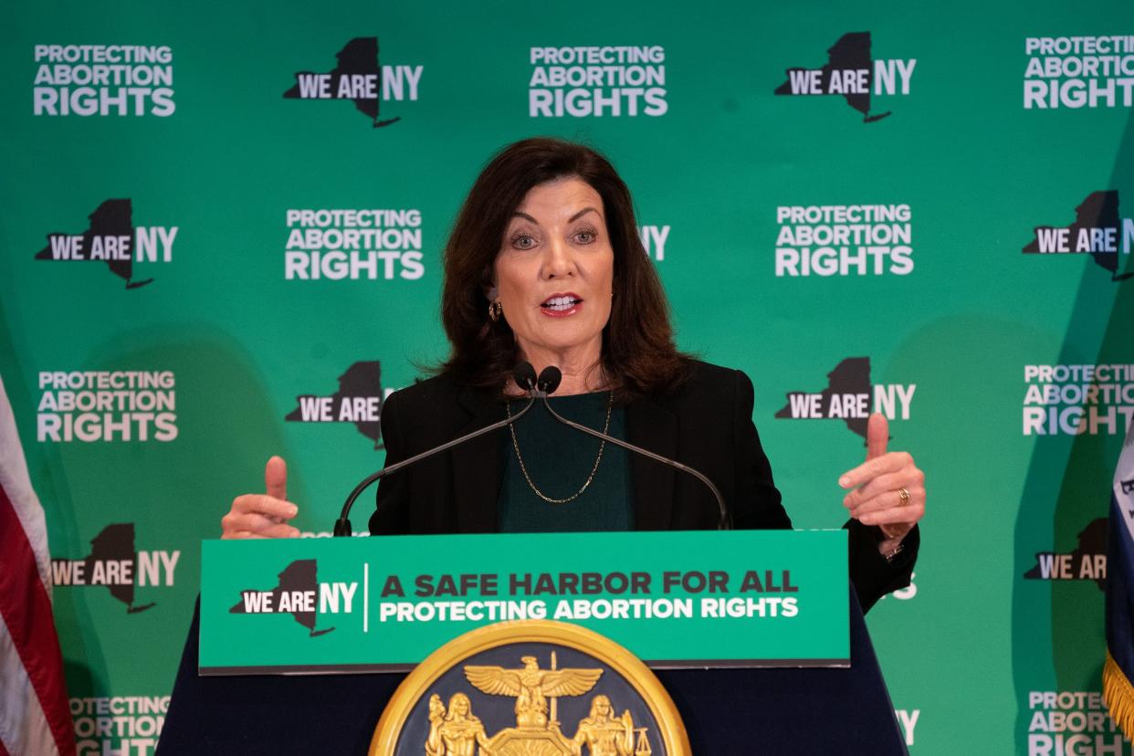 New York Gov. Kathy Hochul announces an additional $13.4 million awarded in the second round of the Abortion Provider Support Fund on Wednesday, Oct. 12, 2022 in Manhattan, New York.