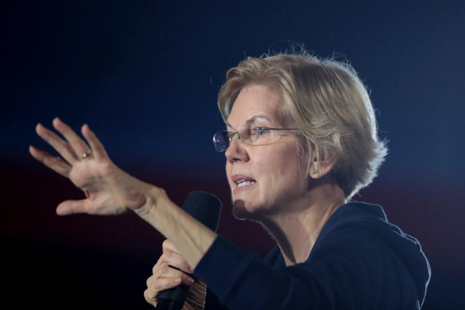 WEST DES MOINES, IOWA - NOVEMBER 25: Democratic presidential candidate Sen. Elizabeth Warren (D-MA) speaks to guests during a campaign stop at the Val Air Ballroom on November 25, 2019 in West Des Moines, Iowa. The 2020 Iowa Democratic caucuses will take place on February 3, 2020, making it the first nominating contest for the Democratic Party in choosing their presidential candidate. (Photo by Scott Olson/Getty Images)