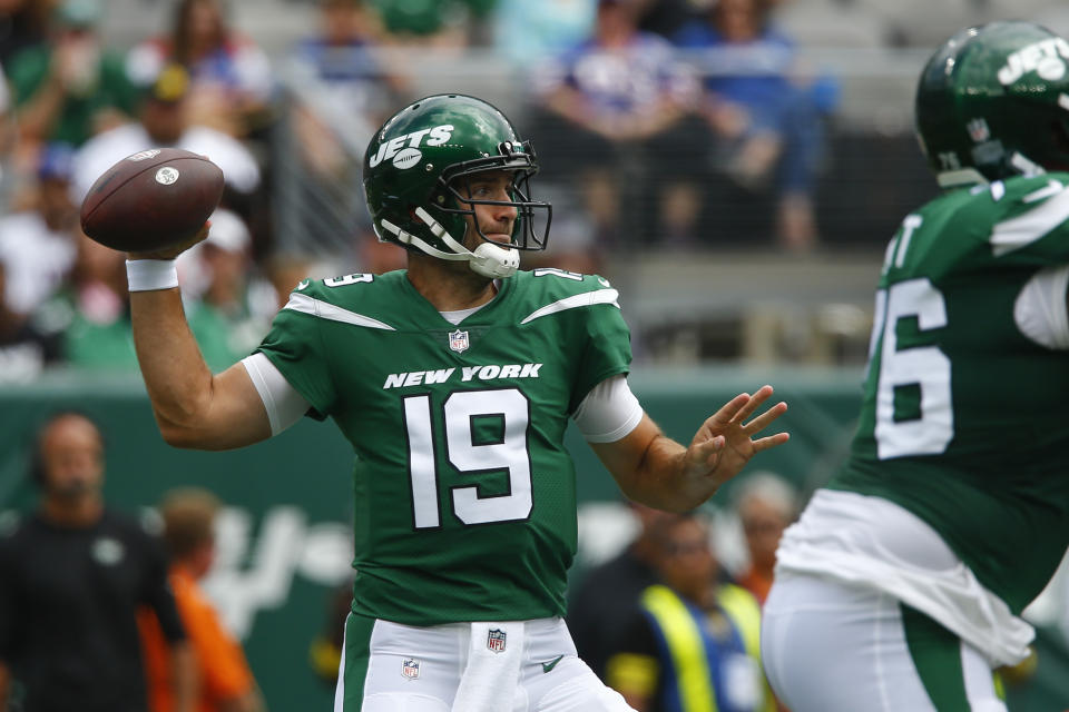New York Jets quarterback Joe Flacco (19) passes in the first half of a preseason NFL football game against the New York Giants, Sunday, Aug. 28, 2022, in East Rutherford, N.J. (AP Photo/John Munson)