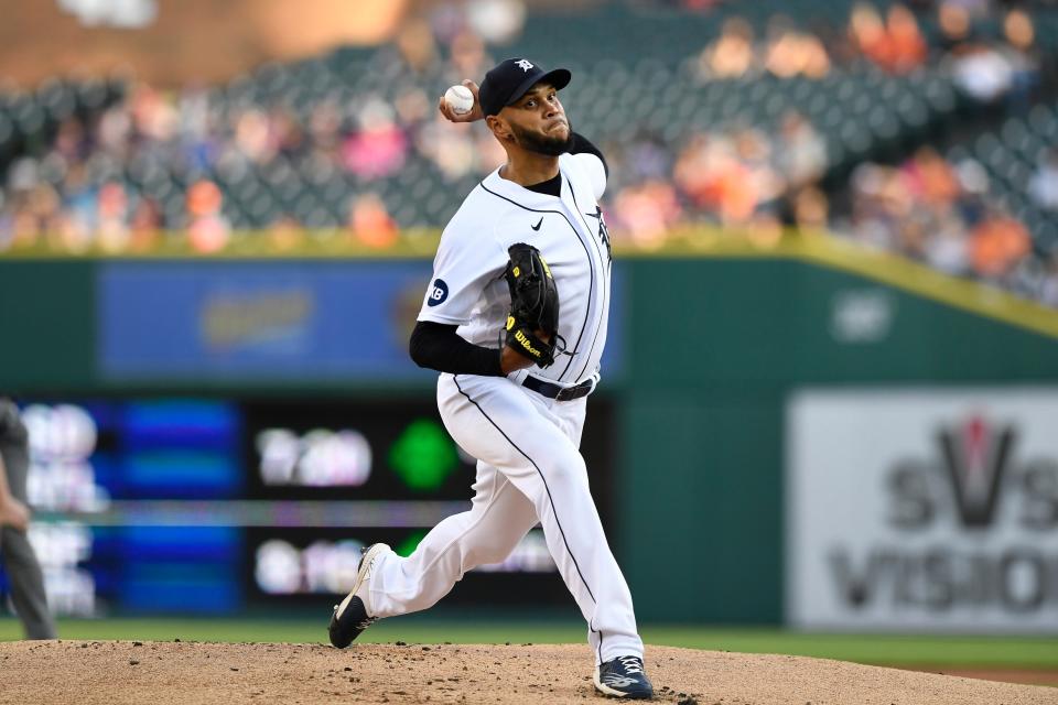 Detroit Tigers starting pitcher Eduardo Rodriguez throws to a Baltimore Orioles batter during the first inning Friday, May 13, 2022, at Comerica Park in Detroit.