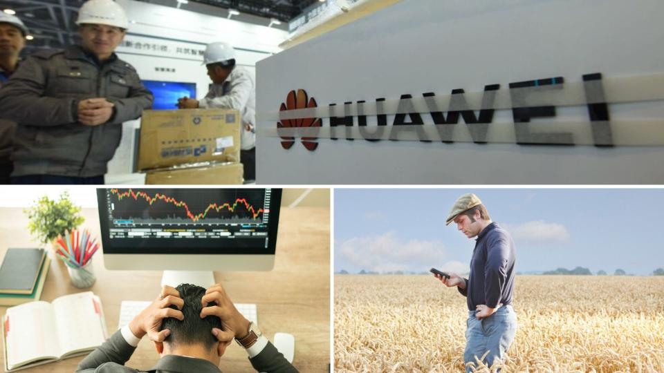 Telco workers with Huawei equipment on the top, a farmer checking his mobile phone on the bottom right, and a man frustrated in front of a computer showing a downward graph. 