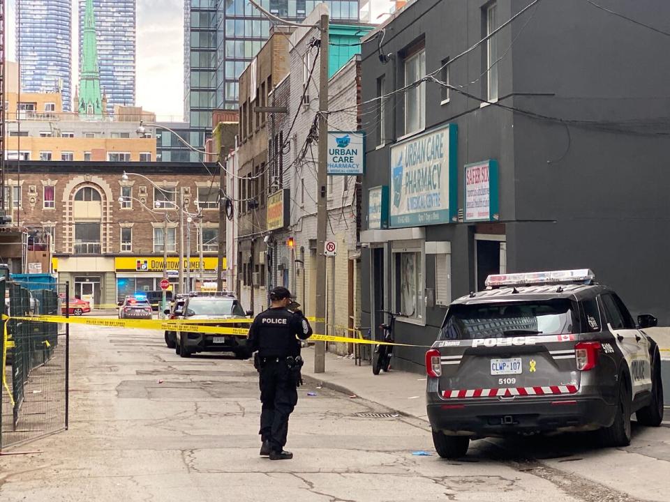 Toronto police say they are searching for a suspect who is described as a six-foot-tall Black male with a large build in connection with the death of a man on Sunday.