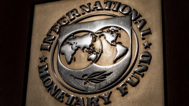 The logo of the International Monetary Fund is visible on its building in Washington.