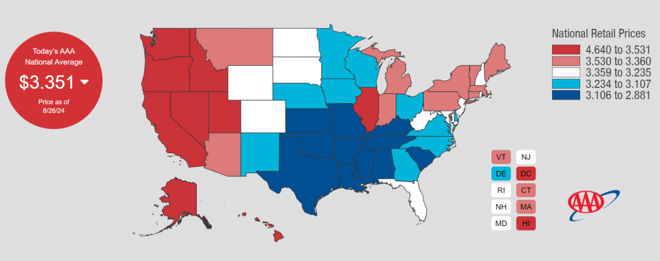 The map shows average gasoline prices nationwide on Monday.