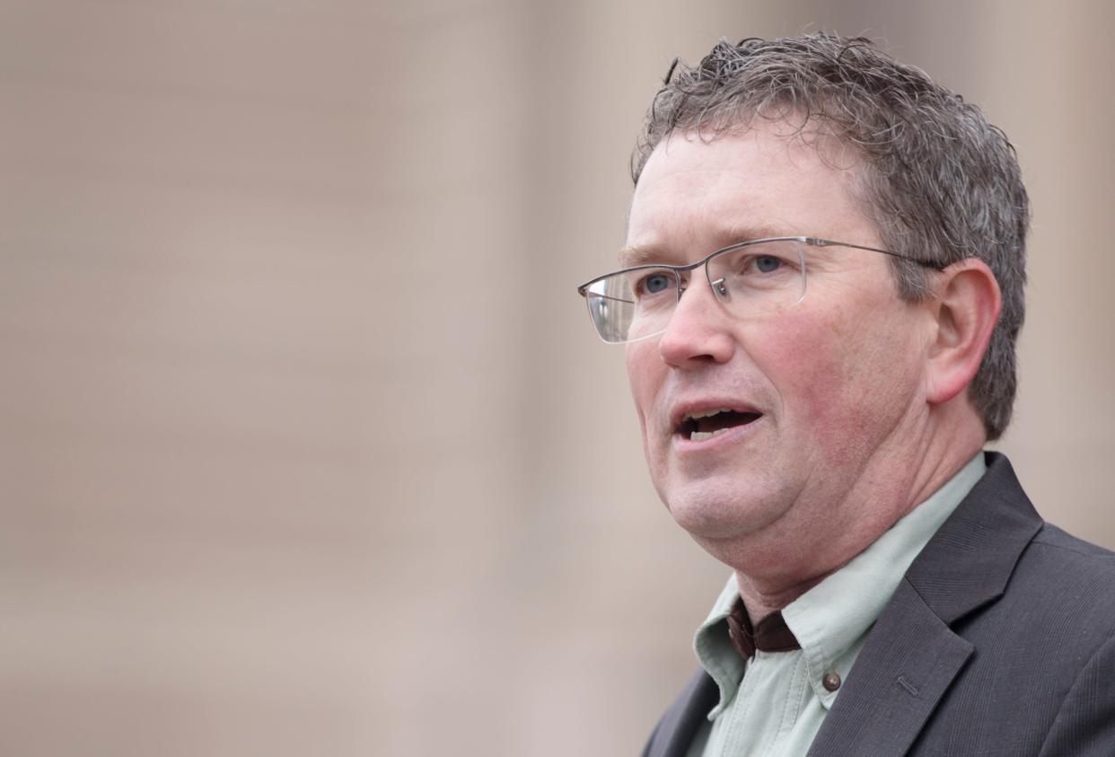 U.S. Rep. Thomas Massie speaks at a second amendment rally outside the Kentucky State Capitol building in Frankfort, Ky. on Friday. Jan. 31, 2020. 