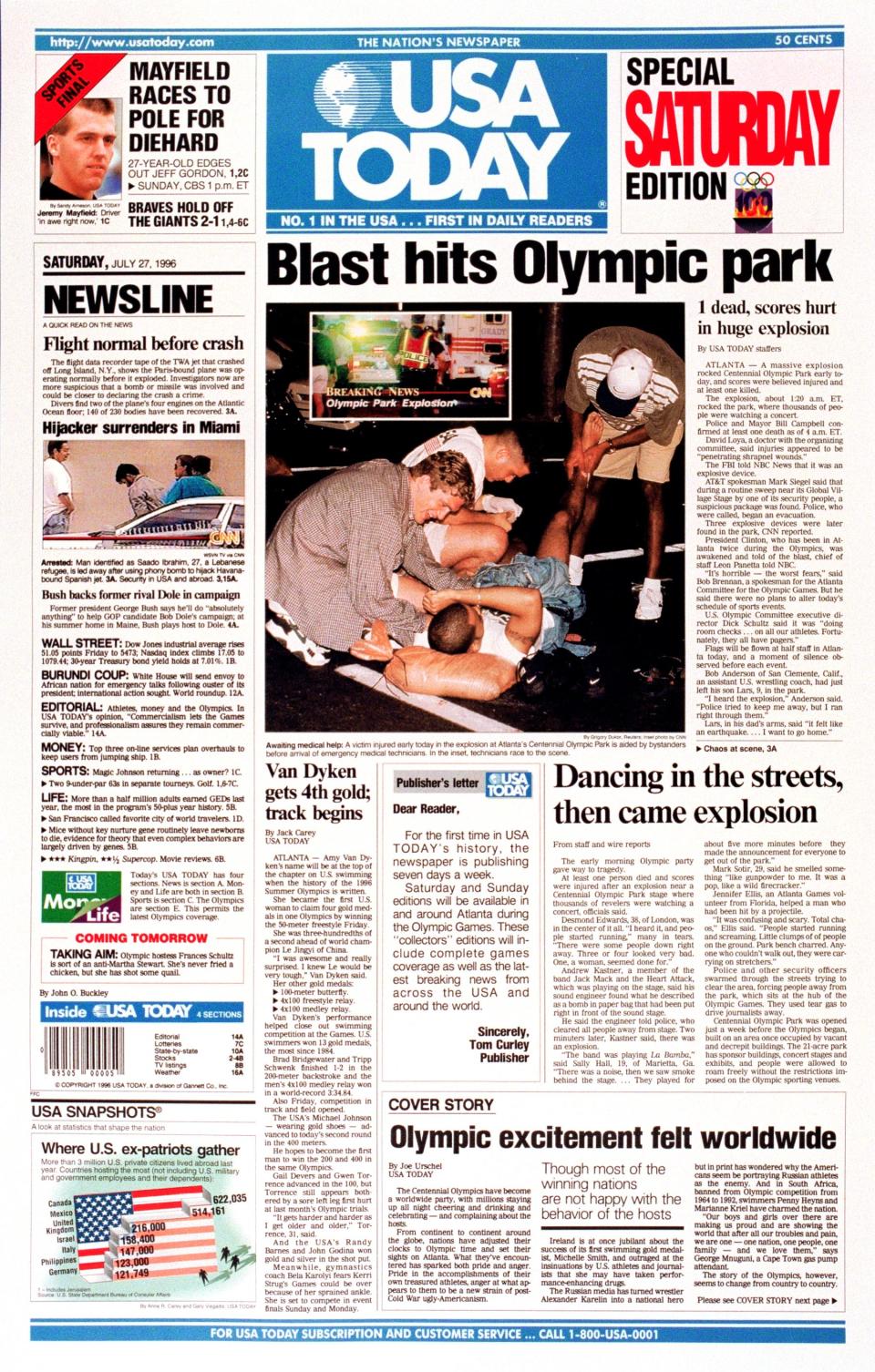 USA Today Page 1 showing bombing at Centennial Park in Atlanta. 