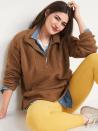 <p>This snuggly <span>Old Navy Oversized Sherpa Half-Zip Tunic Sweatshirt</span> ($25, originally $50) also comes in cream, gray, and black whether you buddy it up with another neutral or opt for a pop of color below.</p>