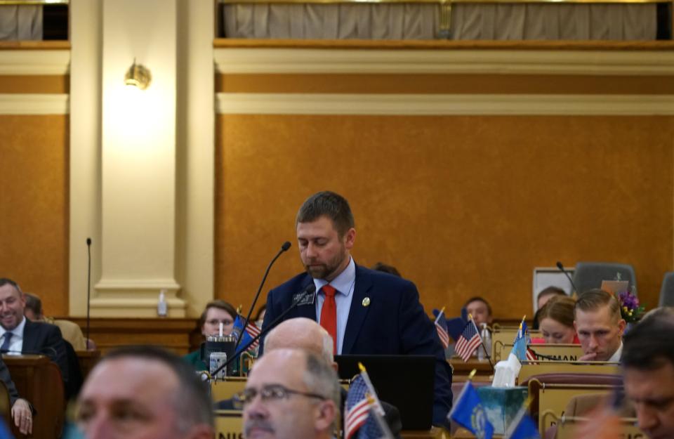 Rep. Ben Krohmer, R-Mitchell, addresses the House floor regarding his bill to criminalize exposing law enforcement to drugs in Pierre on Wednesday, Jan. 17, 2024