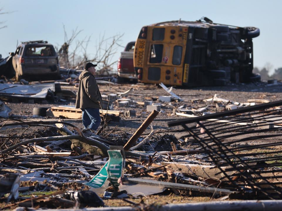 Rubble litters the town after a tornado ripped through Friday evening on December 12, 2021 in Mayfield, Kentucky (Getty Images)