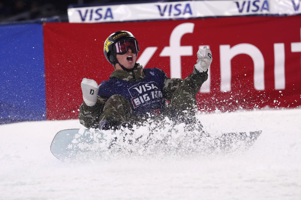 Lyon Farrell reacts after crashing on his final attempt during the finals of the Big Atlanta snowboard event Friday, Dec. 20, 2019, in Atlanta. (AP Photo/John Bazemore)