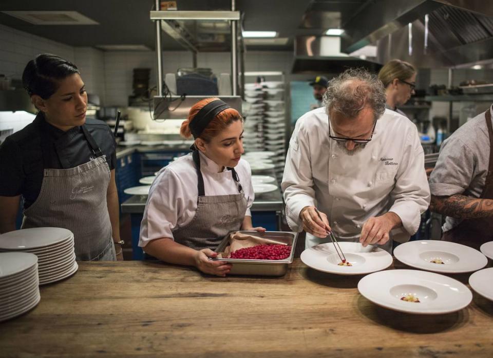 Have tweezers, will travel. Massimo Bottura focuses on the details during his guest-chef dinner at Habitat at 1 Hotel South Beach in 2019.