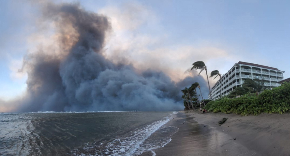 Wildfire smoke overshadows a resort in Lahaina.