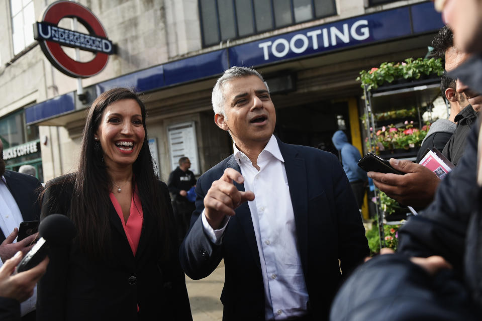 LONDON, ENGLAND - MAY 16:  Sadiq Khan, the new Mayor of London campaigns outside Tooting Broadway Underground station with Labour Party candidate for the local by-election Rosena Allin-Khan on May 16, 2016 in London, England. Rosena Allin-Khan is a junior accident and emergency doctor and mother of two who grew up in the constituency where Sadiq Khan's election to London Mayor has prompted a by-election. (Photo by Mary Turner/Getty Images)