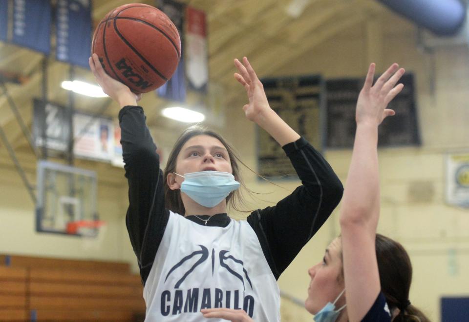 Gabriela Jaquez shoots over a teammate during Camarillo High's practice on Tuesday, Jan. 18, 2022.