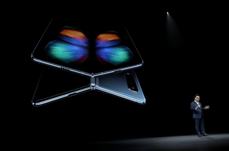 DJ Koh, President and CEO of IT & Mobile Communications Division of Samsung Electronics, announces the new Samsung Galaxy Fold smartphone during the Samsung Unpacked event on Feb. 20, 2019 in San Francisco, Calif. Samsung announced a new foldable smart phone.