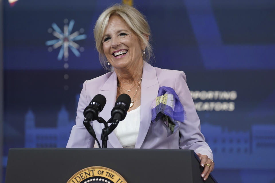 FILE - First lady Jill Biden speaks during an event with the National Education Association in the South Court Auditorium on the White House campus, Tuesday, July 4, 2023, in Washington. Biden will join other VIPs and speak at a ceremony Tuesday, July 25, at the headquarters of the United Nations Scientific, Educational and Cultural Organization. The American flag will be raised to mark the U.S. return to membership after a five-year absence. (AP Photo/Evan Vucci, File)