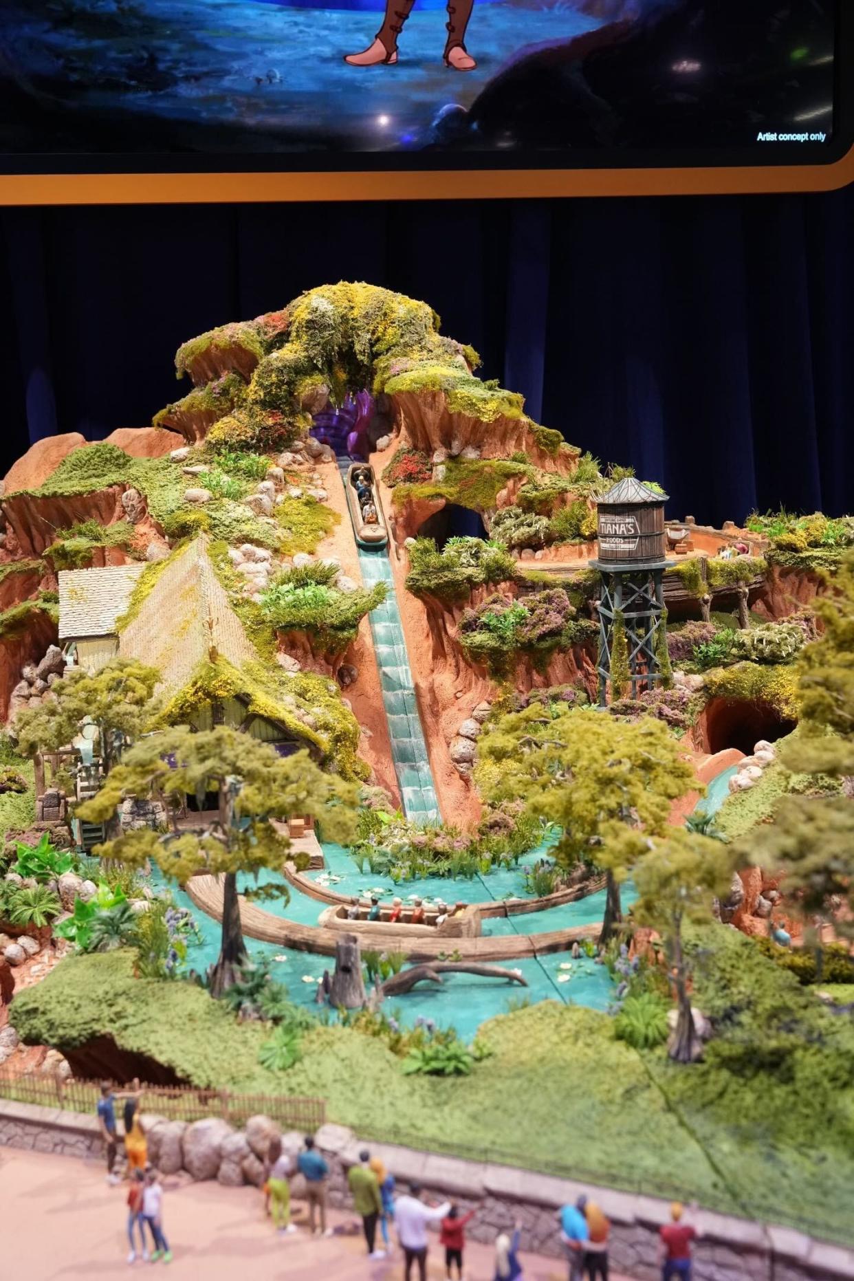 A model shows how Splash Mountain will be transformed into Tiana's Bayou Adventure when it opens in 2024.