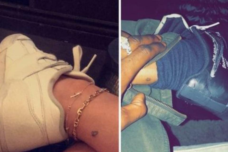The butterfly tattoos adorning the legs of Travis Scott and Kylie Jenner (Kylie Jenner / Travis Scott Snapchat / Instagram)