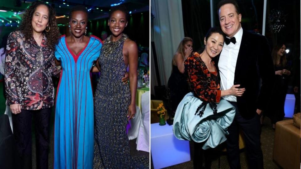 (Left) “The Woman King” Oscar contenders Gina Prince-Bythewood, Viola Davis and Thuso Mbedu reunite at the 34th Annual Palm Springs International Film Awards; (Right) Michelle Yeoh and Brendan Fraser happily attend the PSIFF Awards after party.