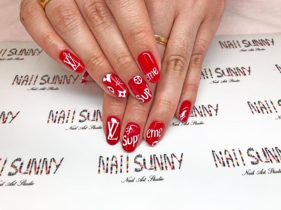 Nail Sunny’s Louis Vuitton x Supreme design. (Photo: Julie Tong for Yahoo Lifestyle)