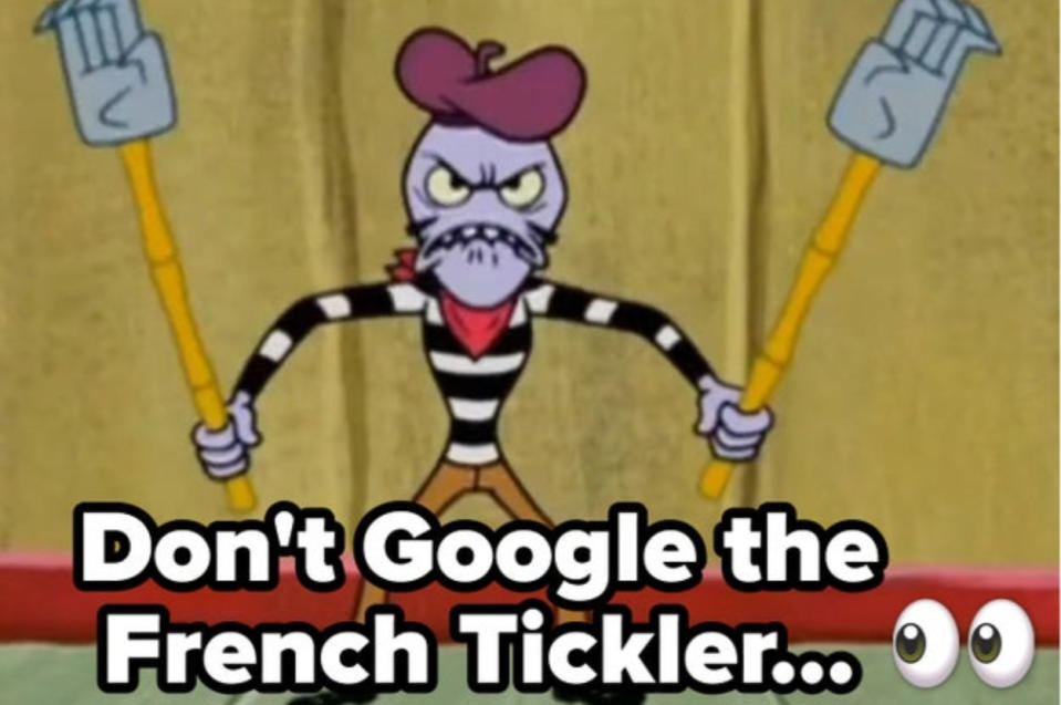 A fish dressed as a stereotypical French person holds devices for tickling in Spongebob Squarepants