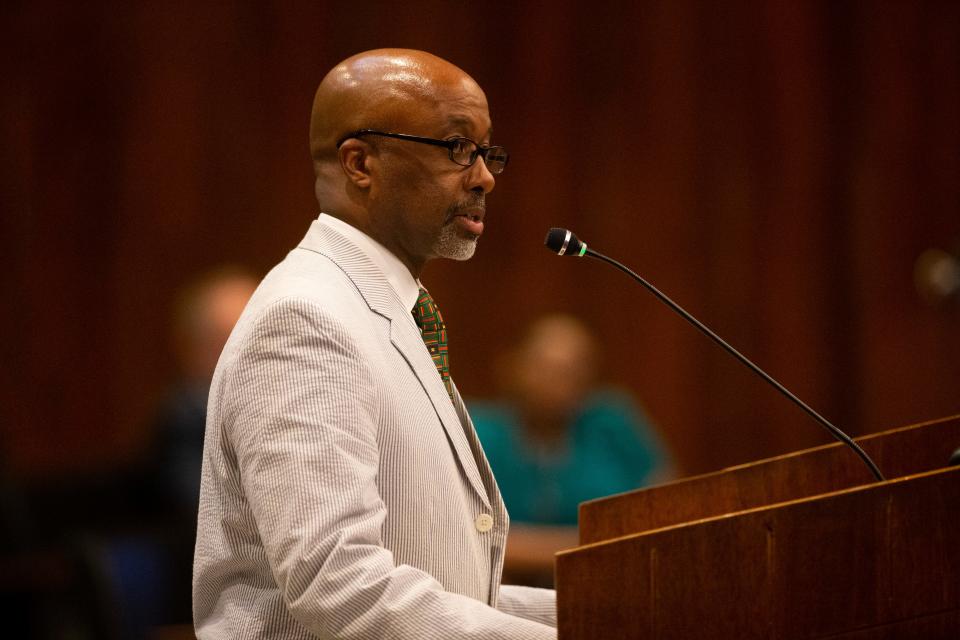 Memphis City Council Chairman Martavius Jones speaks at the podium during a City Council meeting at city hall in Memphis, Tenn., on Tuesday, July 25, 2023.