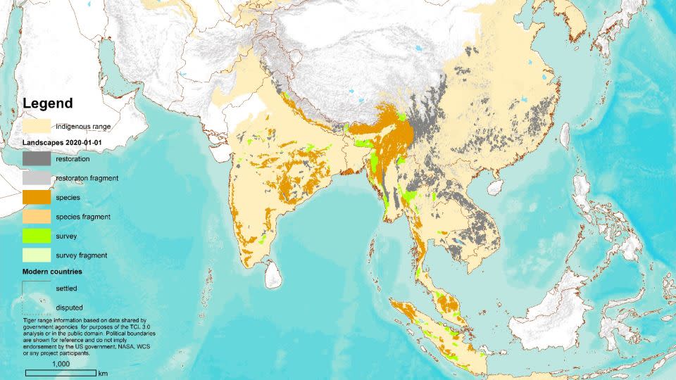 A map of the six categories of Tiger Conservation Landscapes on 1 January 2020, from the <a href="https://www.frontiersin.org/articles/10.3389/fcosc.2023.1191280/full">study</a> published in Frontiers. - <a href="https://www.frontiersin.org/articles/10.3389/fcosc.2023.1191280/full">Sanderson et al. (2023)</a> / <a href="https://url.us.m.mimecastprotect.com/s/gdF2CpYKy5Uq075OfY8ieZ/">WCS</a>