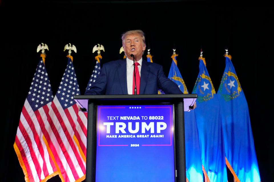 Former President Donald Trump speaks at a campaign event, July 8, 2023, in Las Vegas.