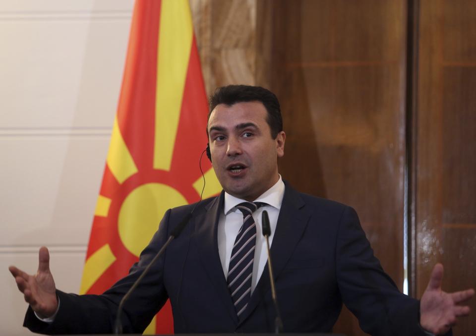 North Macedonia's Prime Minister Zoran Zaev makes statements with his Albanian counterpart Edi Rama during a press conference in Tirana, Wednesday, March 13, 2019. The two leaders say they believe that the European Union will decide in June to open membership talks with them. (AP Photo)