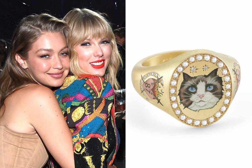 <p>Kevin Mazur/WireImage; Cece Jewellery/Instagram</p> Gigi Hadid and Taylor Swift; Benjamin Button ring