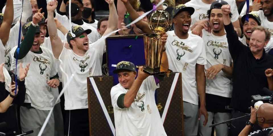 Marc Lasry, who was a co-owner of the Milwaukee Bucks, celebrated after the team defeated the Phoenix Suns in Game Six to win the 2021 NBA Finals on July 20, 2021 in Milwaukee, Wisconsin.