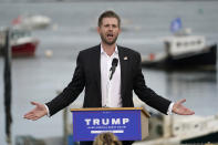 Eric Trump, the son of President Donald Trump, speaks at a campaign rally for his father, Tuesday, Sept. 17, 2020, in Saco, Maine. (AP Photo/Robert F. Bukaty)