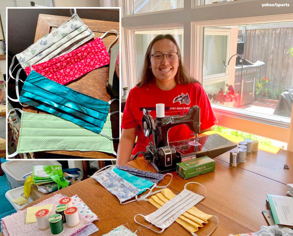 Stony Brook University swimmer Sara Chin is putting her sewing skills to good use by making homemade coronavirus masks. (Courtesy of Sara Chin)