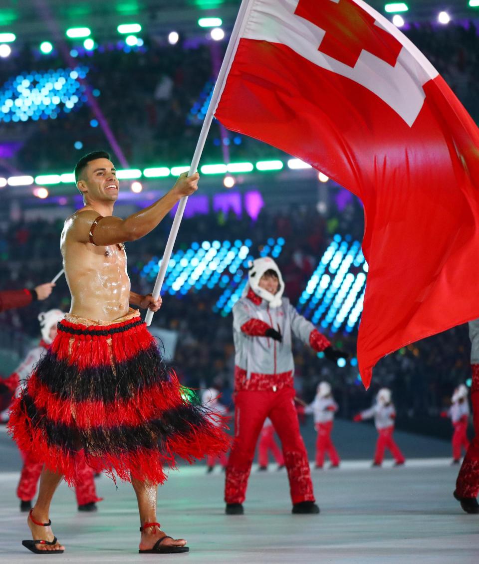 Pita Taufatofua leads the delegation from Tonga during the opening ceremony for the Pyeongchang 2018 Olympic Winter Games at Pyeongchang Olympic Stadium.