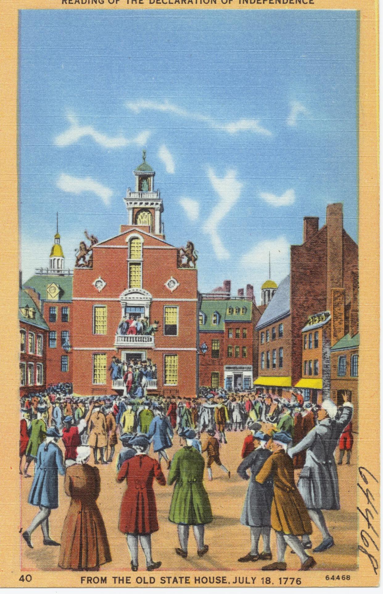 The first reading of the Declaration of Independence in Boston, July 18, 1776. <a href="https://ark.digitalcommonwealth.org/ark:/50959/wh246s47c" rel="nofollow noopener" target="_blank" data-ylk="slk:Tichnor Brothers Collection, Boston Public Library via Digital Commonwealth;elm:context_link;itc:0;sec:content-canvas" class="link ">Tichnor Brothers Collection, Boston Public Library via Digital Commonwealth</a>