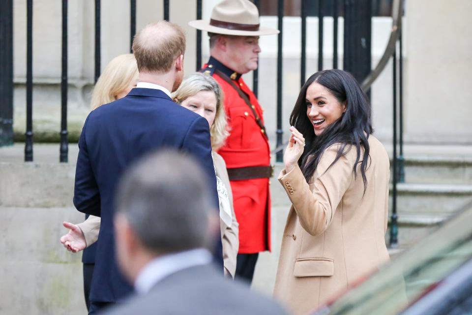 LONDON, UNITED KINGDOM - JANUARY 7: Prince Harry, Duke of Sussex and Meghan, Duchess of Sussex arrive at Canada House in London, United Kingdom on January 7, 2020 and are greeted by Janice Charette. Duke and Duchess of Sussex will meet Janice Charette, High Commissioner for Canada to the UK and the staff and thank them for the warm Canadian hospitality and support they received during their recent stay in Canada.  (Photo by Dinendra Haria/Anadolu Agency via Getty Images)