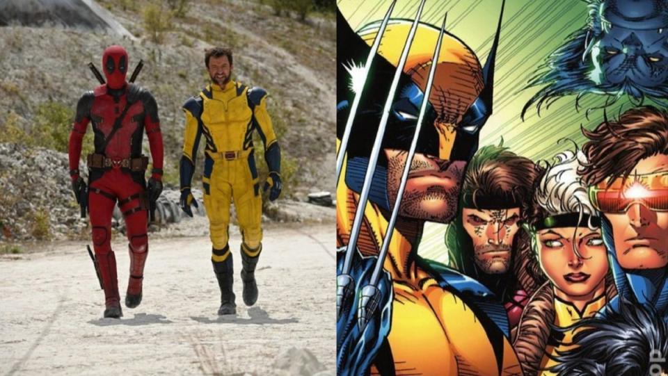 Ryan Reynolds and Hugh Jackman in costume for Deadpool 3, and the X-Men in the early 90s by Jim Lee.