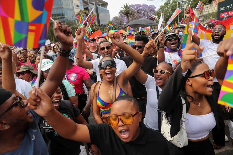 FILE PHOTO: People march in celebration of LGBTQ+ rights at the annual Pride Parade in Johannesburg