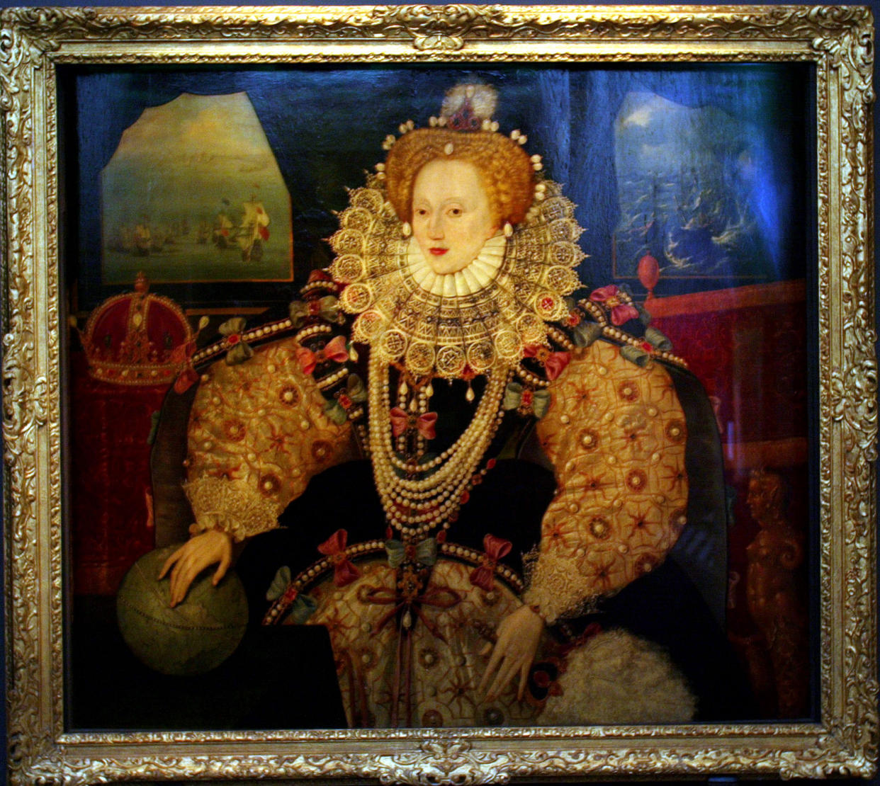 The Armada Portrait of Britain's late Elizabeth I, painted around 1588, is seen on display at the launch of a new exhibition entitled 'Elizabeth' at the National Maritime Museum in Greenwich, London April 28, 2003.  The exhibition, which marks the 400th anniversary of Queen Elizabeth I's death and is the biggest collection of her personal items and paintings ever seen, opens on Thursday and runs until September 14.